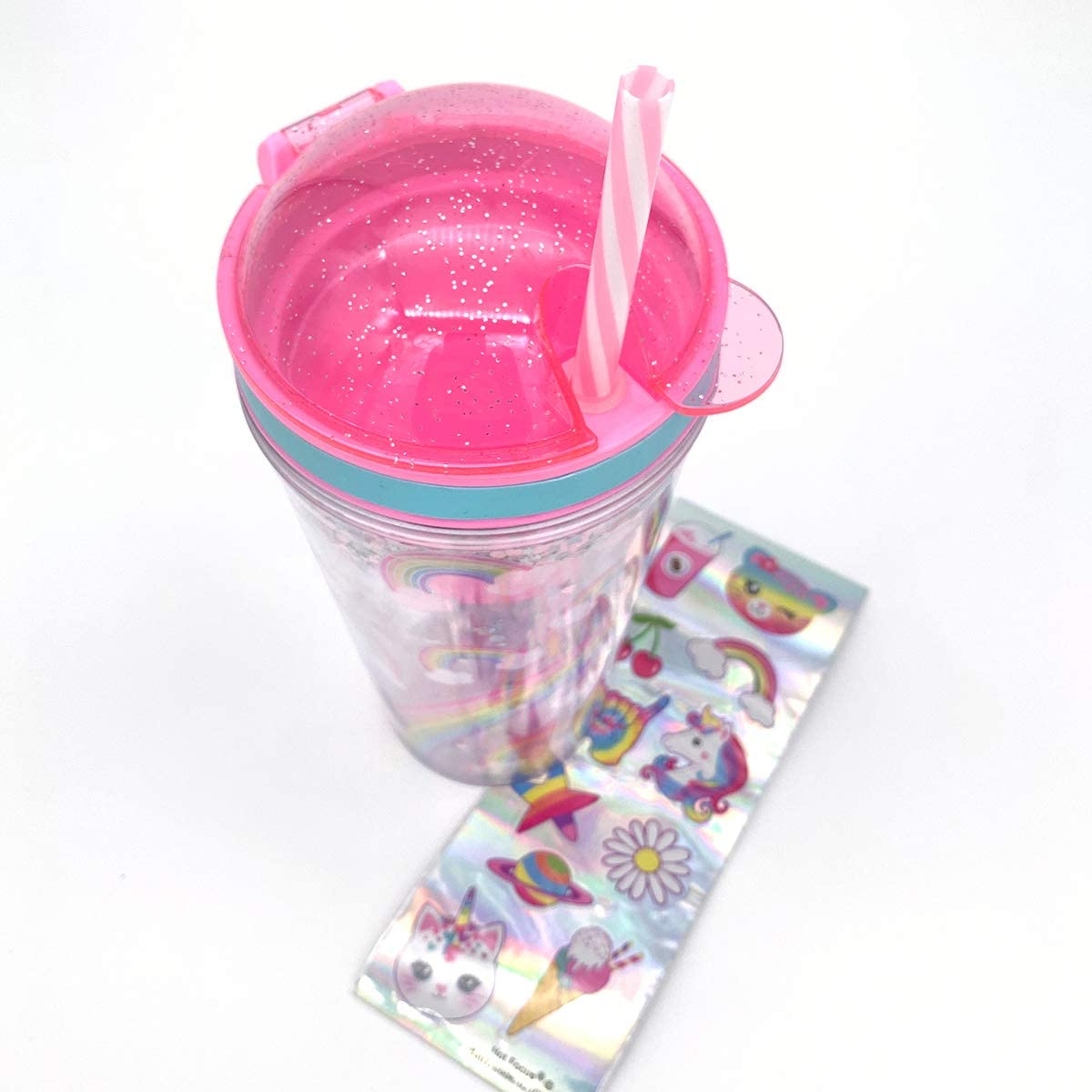Plastic Cups with Dome Lids Colorful Straws and Stickers