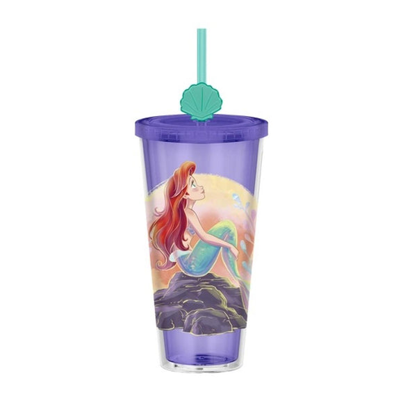 Disney Ariel Mermaid Purple Double-Wall Travel Tumbler w/Lid & Reusable Straw w/Seashell Topper