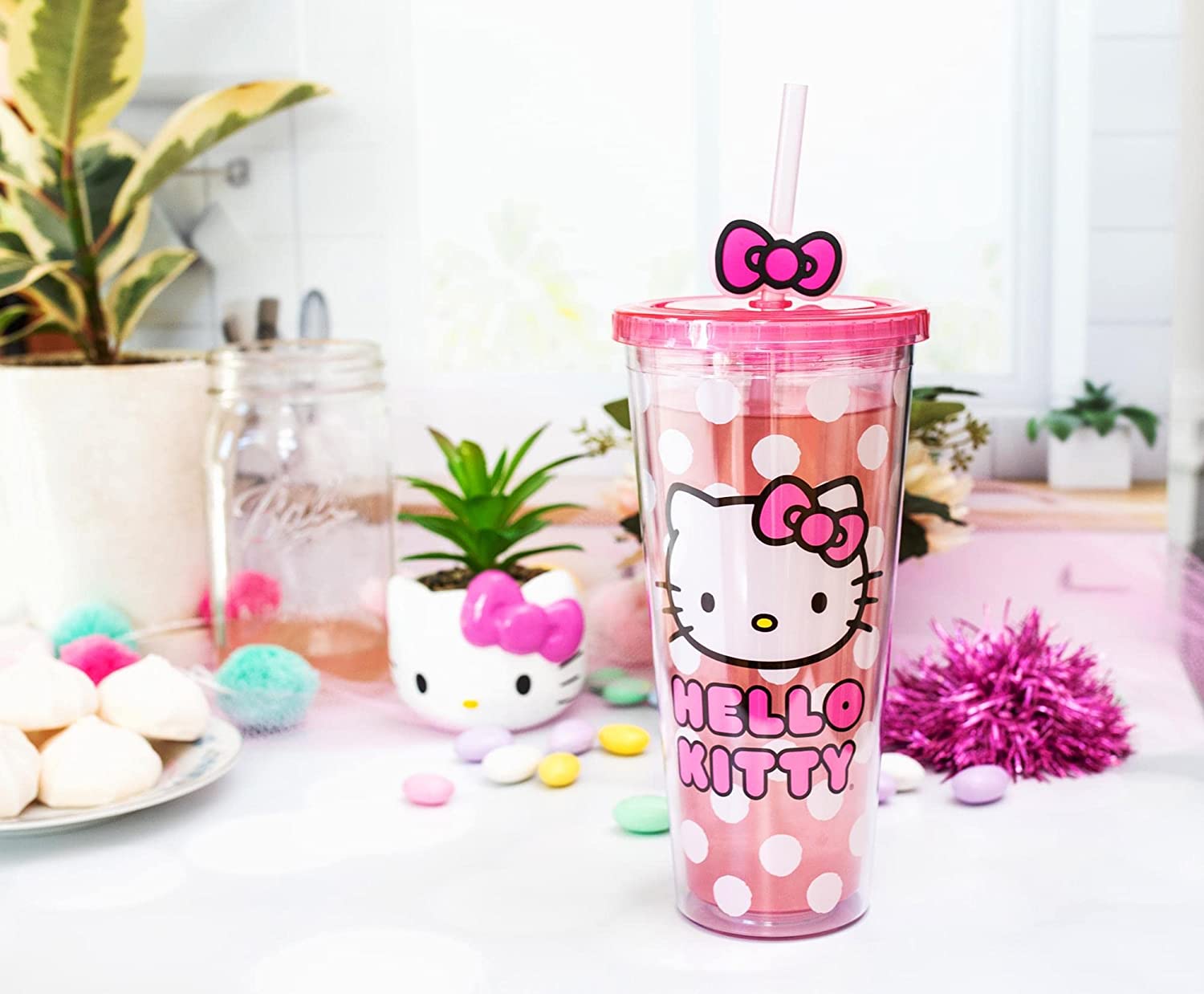 Hello Kitty By Sanrio White & Pink Stainless Steel Double Wall Tumbler w/Lid