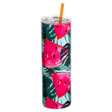 Manna Watermelon Slices Tropical Foliage Skinny Stainless Steel Tumbler w/Straw