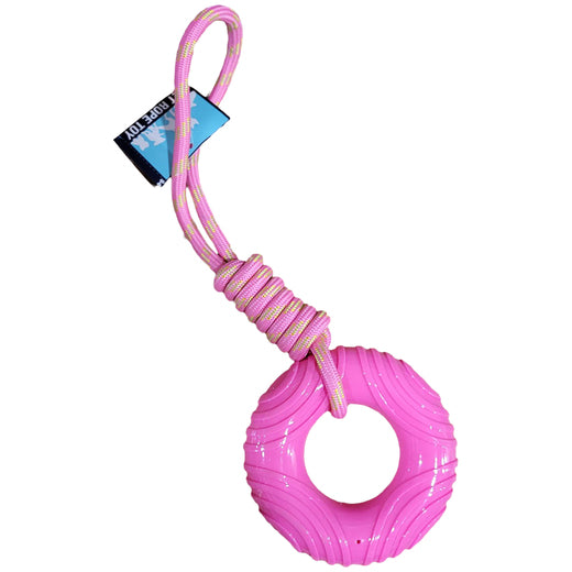 https://www.aurainpink.com/cdn/shop/products/BrooklynPetGearPinkSqueakyRubberDonutRingOnRopeDogToy.jpg?v=1682313426