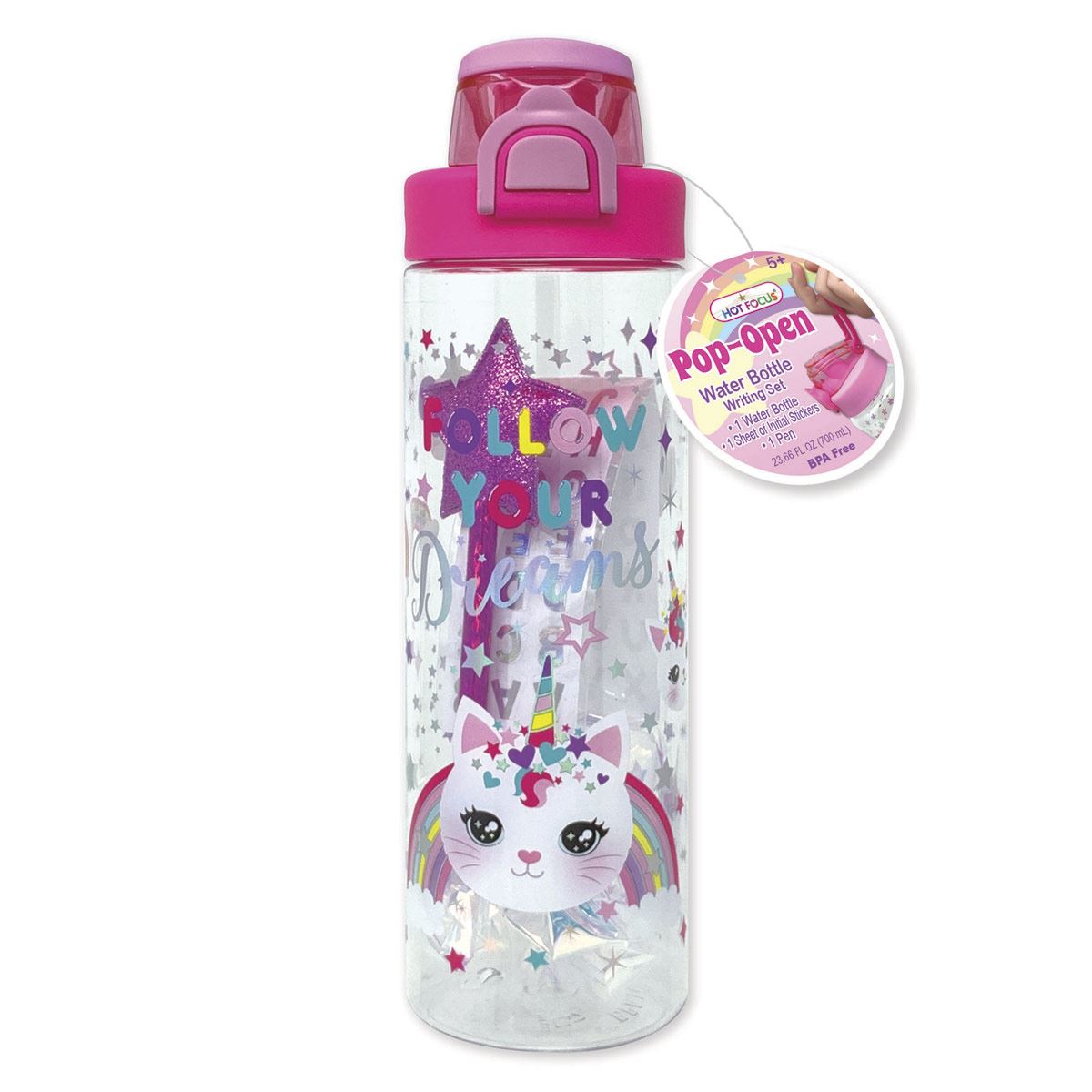 Hot Focus Unicorn Believe In Magic Pop-Open Water Bottle - Writing Fun