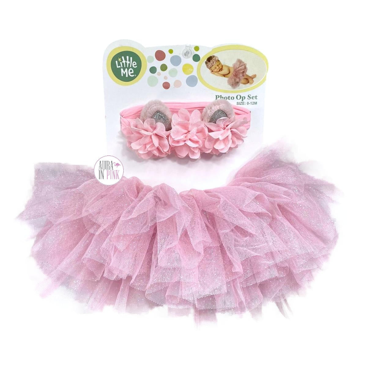 Little Me Pink Sparkly Tutu & Floral Eared Headpiece Baby Photo Op Set –  Aura In Pink Inc.