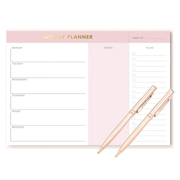 Love, Ellie Pink Weekly Planner Pad w/2 Metallic Rose Gold Pens Set