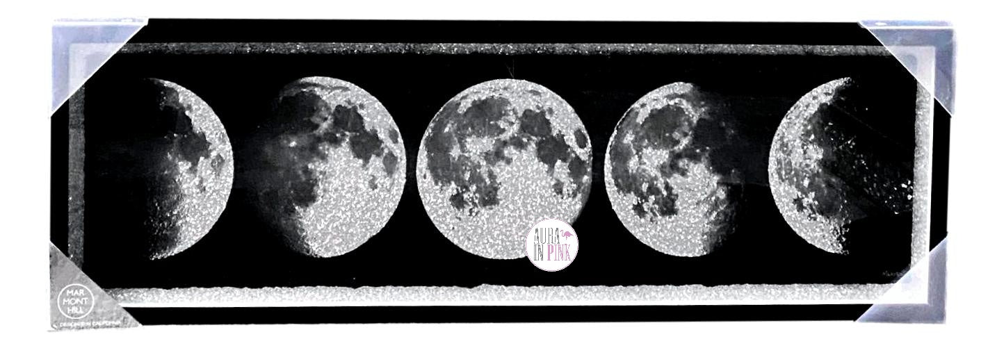 Moon ribbon featuring moon phases in silver on a black background printed  on 5/8 silver satin, 10 yards
