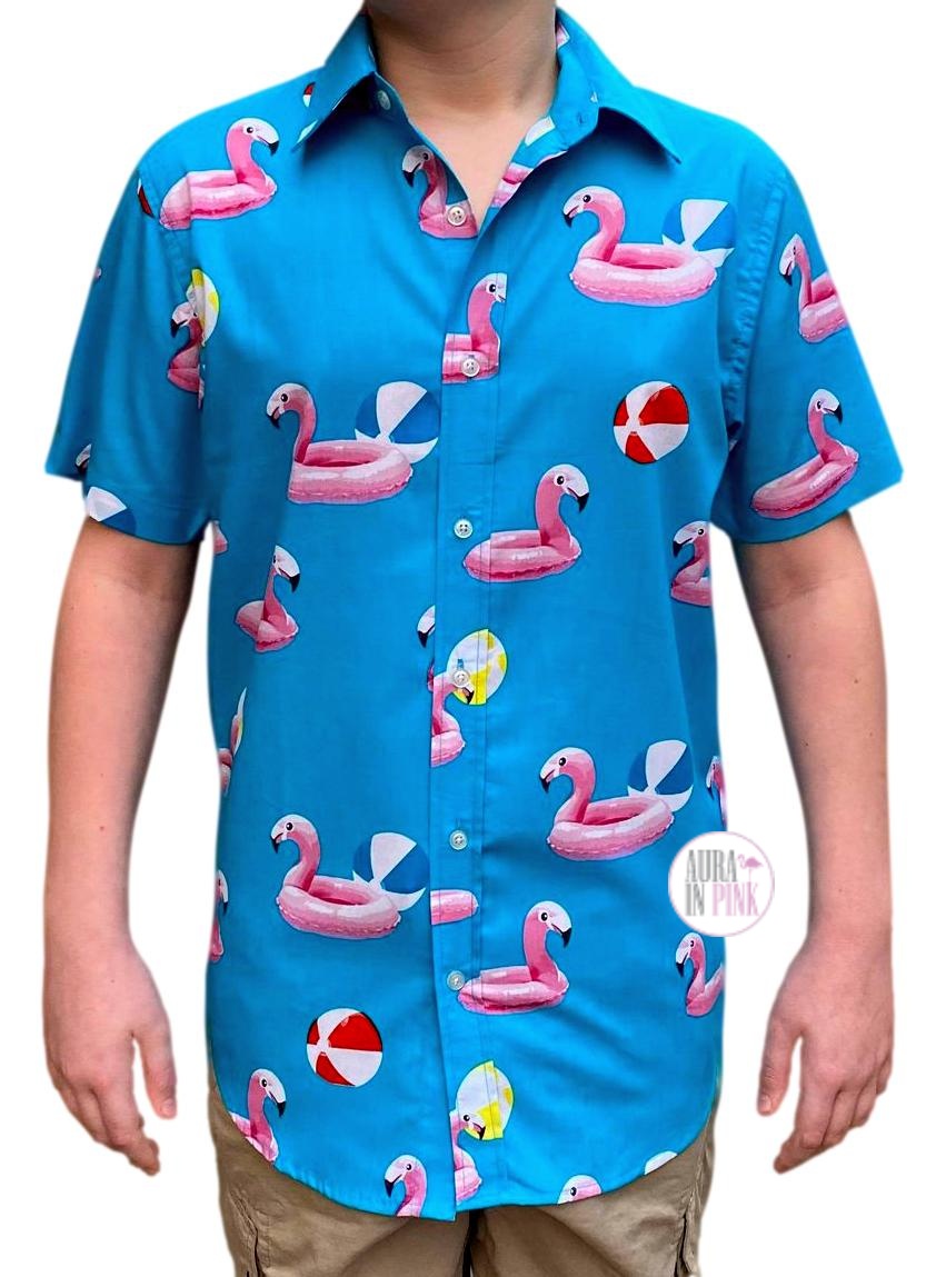 Aura Floaty Current Button Pool Shirt Down Ocean In Flamingo Blue – Aqua Pink Pink