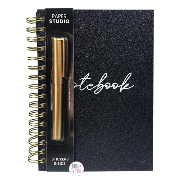 Paper Studio Gold Glitter Spiral-Bound Notebook w/Stickers & Pen – Aura In  Pink Inc.