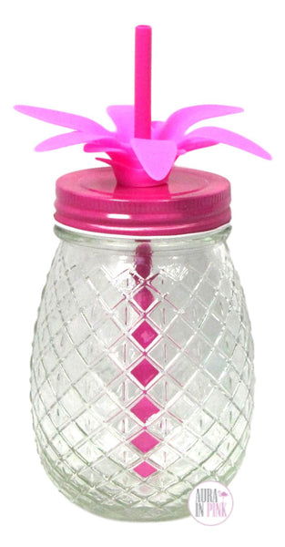 Pineapple-Shaped Mason Jar Mug Glasses with Handles, Straws & Lids