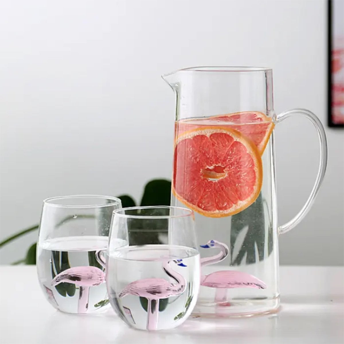 Tropical popular Flamingo Pitcher With 6 Wine Glasses