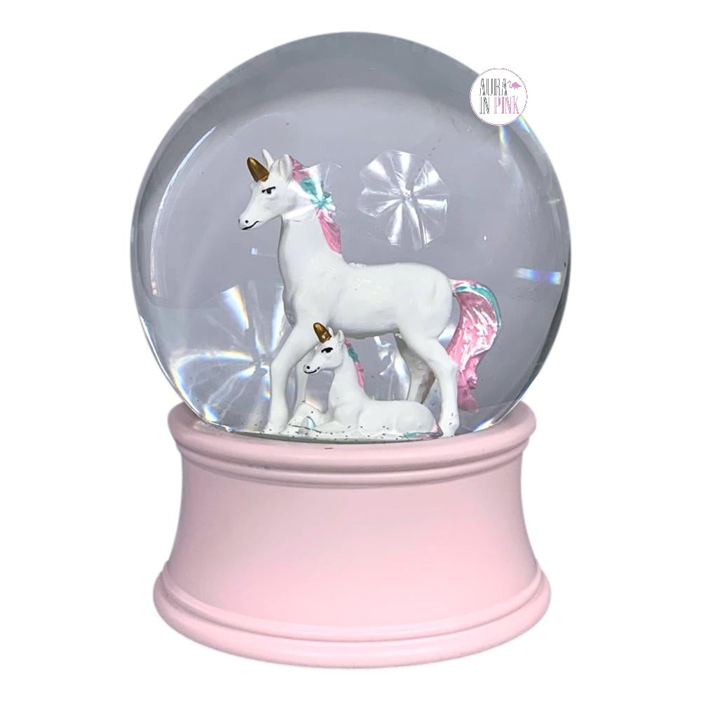 Unicorn Mommy & Baby in Glitter Glass Snow Globe w/Pink Base