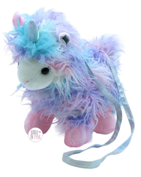 Children Unicorn Handbag Shoulder Bag Soft Plushy Cotton Candy Pink Purple Rainbow